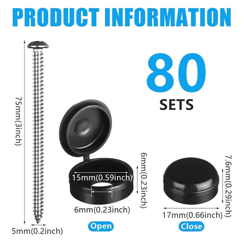 Shknldzsm 3 Inch (80) Shutter Screws and Caps Hinged Screw Covers with Plastic Black Caps Snap Covers Flip Tops