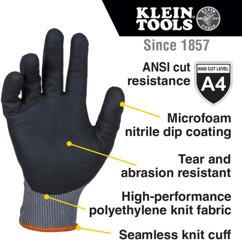 Klein Tools 60587 Work Gloves, Knit Dipped Cut Resistant ANSI A4 Nitrile Coated Gloves, HPPE Fabric, Touchscreen Capable, Small, 2-Pair by Klein Tools
