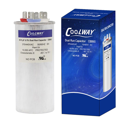 COOLWAY 45/5 uF Dual Run Start AC Capacitor, 370V or 440V for Air Conditioner Motor Start or Heat Pump