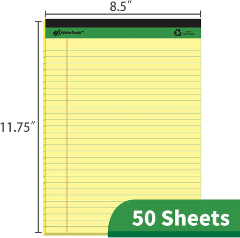 KAISA Legal Pads, 8.5"x11.75" Wide Ruled Writing Pads, 50 Sheets, Recycled Paper, Canary (Pack of 12)
