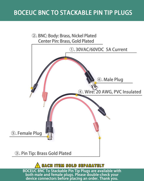 BNC Test Leads, BNC (F) to Stackable Pin Tip Plugs, Multimeter Breakout Cable