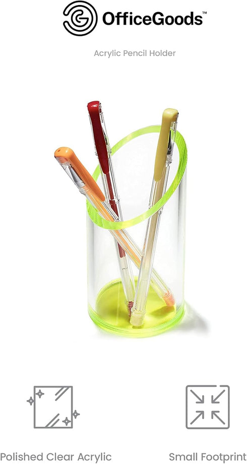 OfficeGoods Acrylic Pen & Pencil Holder - Modern Desk Organizer with Contrasting Base & Rim, Neon Green