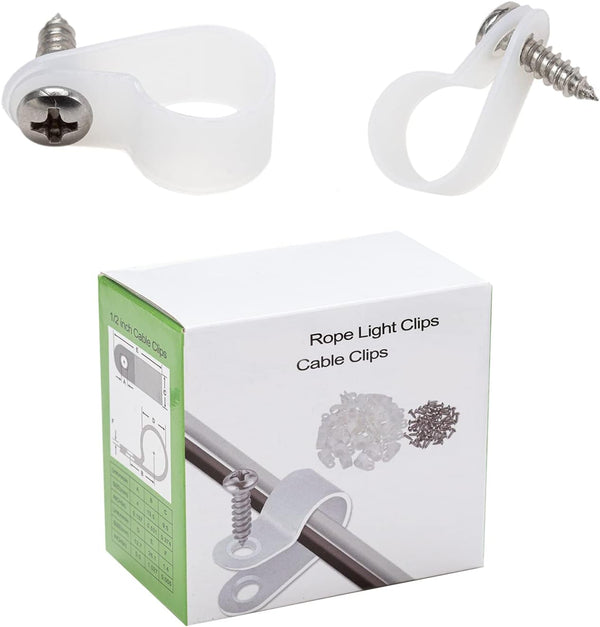 100 Pack 3/8 inch Rope Light Clips, with Stainless Steel Screws, Cable Clip Wire Clamp for Wire Management, P-Type