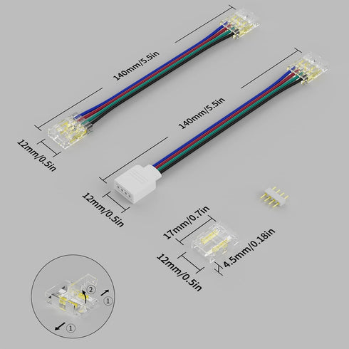 PAUTIX 10mm Connectors for COB RGB LED Strip Lights 4 Pin,4pcs Transparent Gapless Connectors,3pcs Dual Ends Extension Connectors and 2pc Strip to 4 Pins Plug 5.5in Extension Wire by PAUTIX
