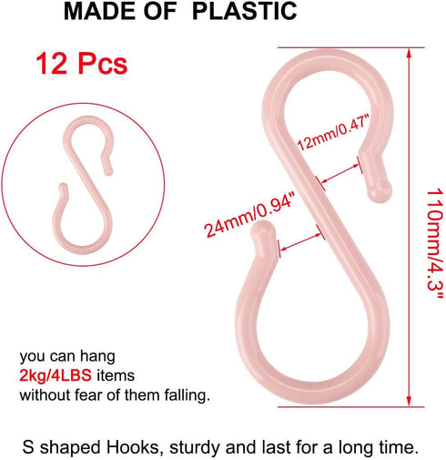 uxcell 12 Pack S Shaped Hooks - Plastic Hanging for Kitchen, Bathroom, Closet, Pots, Pans, Cups, Pink