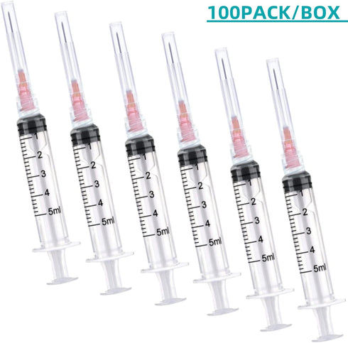 100 Pack 5ml Plastic Syringe with 18 Gauge Needle, Individually Sealed Lab Supplies