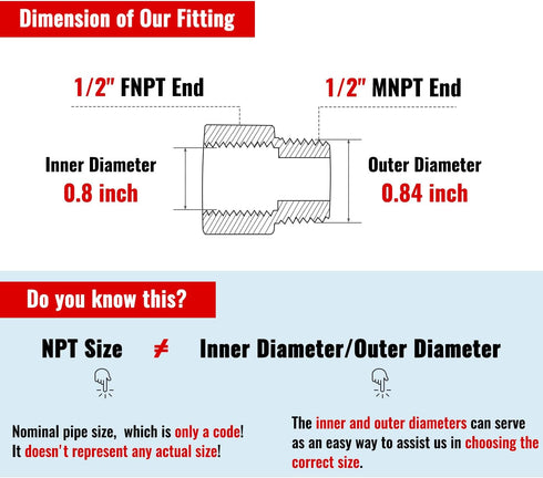 SUNGATOR 4-Pack 1/2 Inch Male x 1/2'' Female Brass Pipe Fitting Adapters, 1/2'' NPT Male to Female