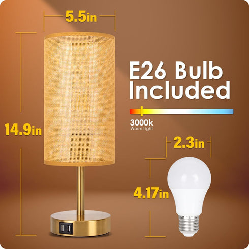 3 Dimmable Bulb Yarra-Decor Bedside Lamp with USB Port - Touch Control Table Lamp for Bedroom Wood Way Nightstand Lamp
