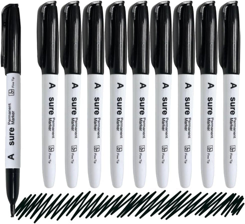 A-Trend Deals 10 Pack Black Permanent Felt Waterproof Markers, Fine Point, Fade Resistant, Writes
