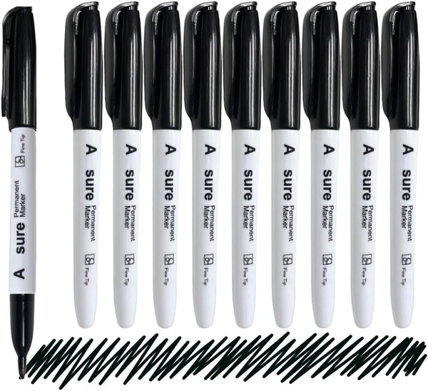 A-Trend Deals 10 Pack Black Permanent Felt Waterproof Markers, Fine Point, Fade Resistant, Writes