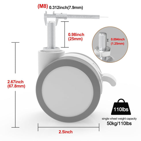 JOY worker Lockable Stem Caster Wheels Set of 4, M8 Nylon Threaded Swivel Caster, 2.5 Inch Stem Casters Replacement for Standing Desk & Mobile Desk, Each Load Capacity 110lbs, White