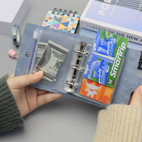 Mini Binder Cover, Blue 3-Ring PU Leather Notebook Binder, Round Ring with Snap Button Closure, Refillable