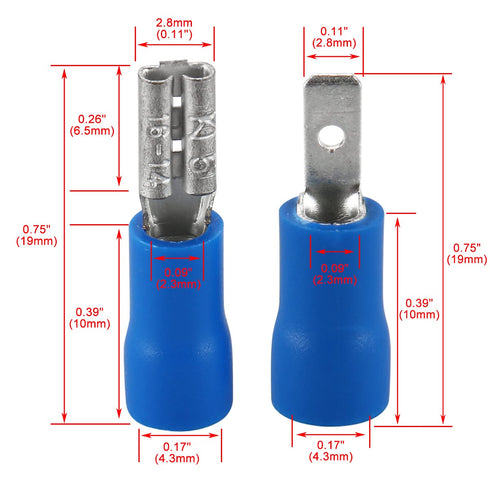 Baomain 0.11" Insulated Spade Connectors, 16-14 AWG Quick Disconnect Electrical Wire Connectors, Blue (200-Pack)