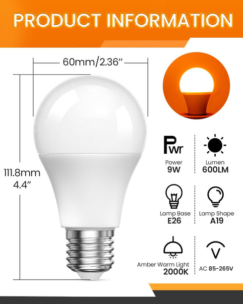 Bulbs 2000K, A19 9W E26 Bulb (60 Bulb, 4 Pack Bonlux Amber Light LED Yellow Soft Warm Sleep Light Blue Light Blocking