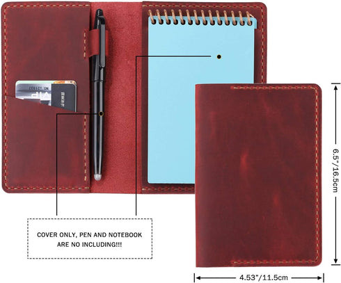 Leather Journal Cover for 3.5" x 5.5" Pocket Notebook with Pen Loop, Compatible with Rocketbook Mini - Wine