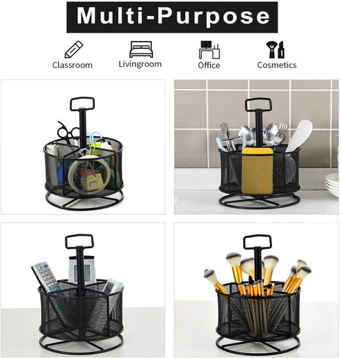 Marbrasse Mesh Desk Organizer, 360-Degree Rotating Multi-Functional Pen Holder, 4 Compartments for Home Office Storage
