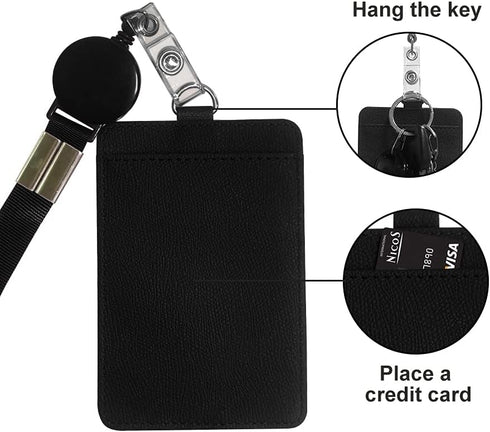 HYCOPROT ID Badge Holder with Lanyard, Heavy Duty Retractable PU Leather Vertical Horizontal Card Holders for Office
