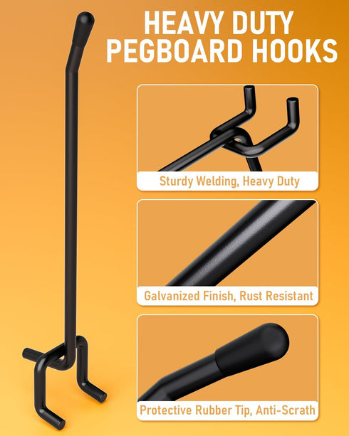 INCLY 60 Pack 6 Inch Black Pegboard Hooks, 1/4" Heavy Duty Accessories for Pegboard Tool Hangers
