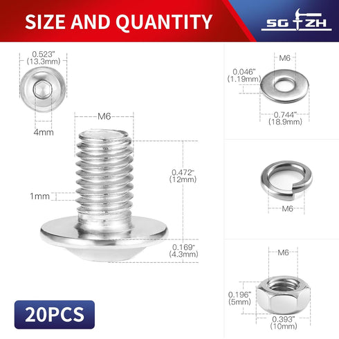 M6 x 12mm Flanged Button Head Socket Cap Screws, 20Pcs 18-8 (304) Stainless Steel Bolts, Nuts, Washers by SG TZH
