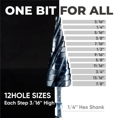 Toolant Four Spiral Flute Cobalt Step Drill Bit, 3/16" - 7/8" Impact Ready Unibit Step Bit for Metal