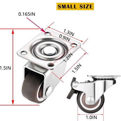 8Pcs Small Caster Wheels, 1 Inch, Low Profile Swivel Casters, Rubber Base Rolling Metal Plate for Small Furniture