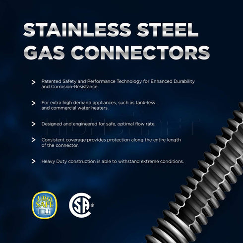 GUHD-TT14-12B Gas Line Hose, 3/8'' O.D. x 12'' Length, 1/2 in. MIP Fitting, Stainless Steel