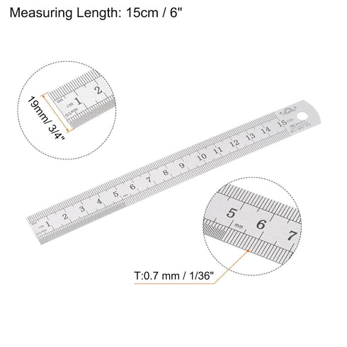 2pcs Stainless Steel Ruler 15cm/6" Length x 1/36" Thick x 3/4" Wide Inch and Metric Straight Edge Measuring Tools for Woodworking Painting Craft, Silver Tone