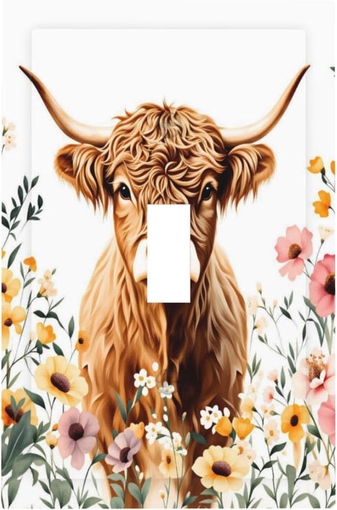 HTSAHKV Cute Highland Cow Flower Wall Plate Light Switch Cover Single Gang Outlet