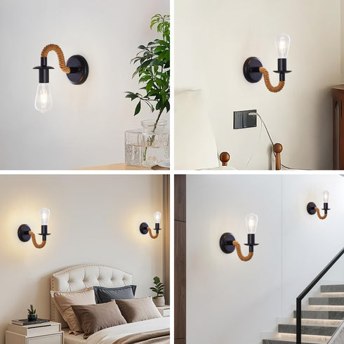 KUAUGST E26 (Bulb Black Rustic Wall Sconces, Retro Industrial Wall Lamps, Hemp Rope Wall Lamp, Lamp Holder, Suitable