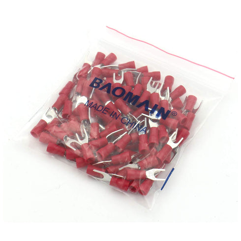 Baomain Fork Spade Terminal Connectors – Insulated, #8 Stud (4.3mm), 22-16 AWG, Red, 100-Pack