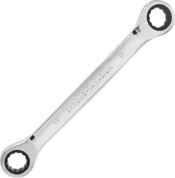 Double Box End Ratcheting Wrench, 14mm x 17mm Metric 72 Teeth 12 Point Ratchet Gear Spanner Tools