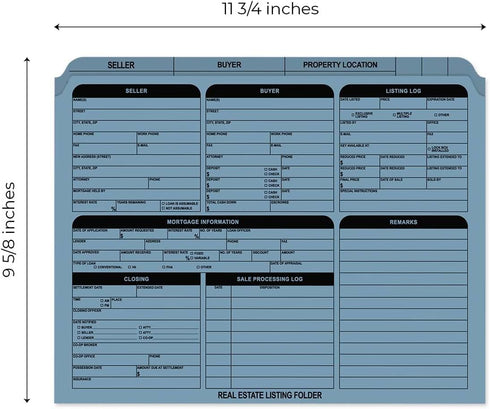 Blue Real Estate Folders, 25 Preprinted Property Listing Folders, 9 5/8" x 11 3/4" Seller Buyer Checklist