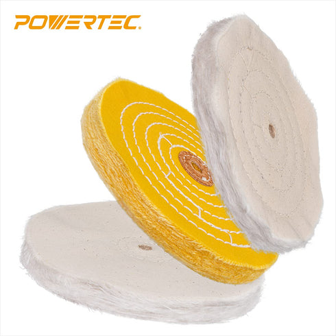 POWERTEC 3 Pack Polishing Wheels 6 inch Kit with 3pcs Polishing Compound Set | Yellow Cotton, Loose Cotton and White Cotton (40 Ply) Buffing Wheel for Jewelry Polisher Pad 1/2" Arbor Hole (71631)
