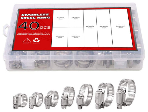 Hose Clamp Kit - 40 Piece 307 Stainless Steel Assortment, 6-38mm Adjustable Pipe Clamps for Automotive and Plumbing
