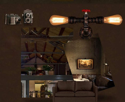 BYSUN 2 E26 Retro Industrial Steampunk Wall Sconce, Lights Metal Water Pipe Style Mounted Lamp Light Fixture
