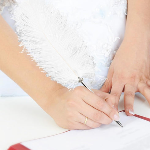 Rgontar Feather Pen - Black Ink Ballpoint Wedding Signing Pen for Bridal Calligraphy (White)