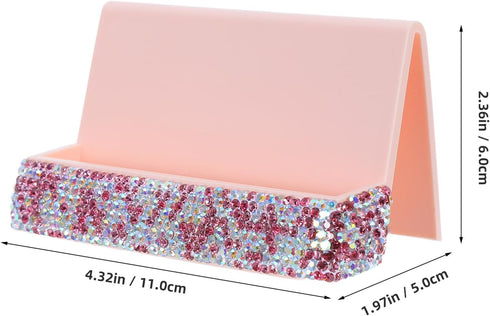 Baluue Rhinestones Business Card Holder Pink Single-sided Desk Organizer with Greeting Card Storage for Office Desktop