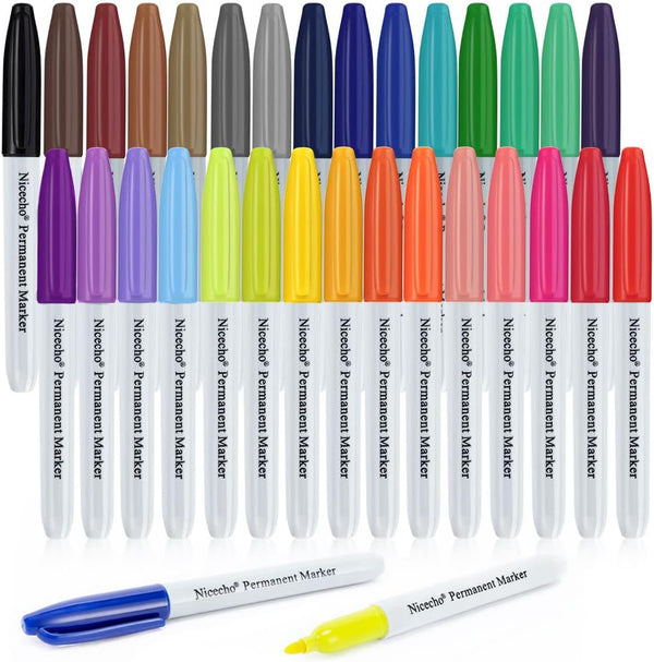 Nicecho Permanent Markers, 30 Colored Fine Point Marker Pens, Waterproof Marker Works on