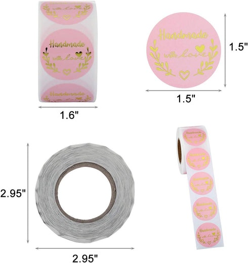Yoption 1.5 Inch Round Handmade with Love Stickers - Pink for Packaging, 500 Labels per Roll