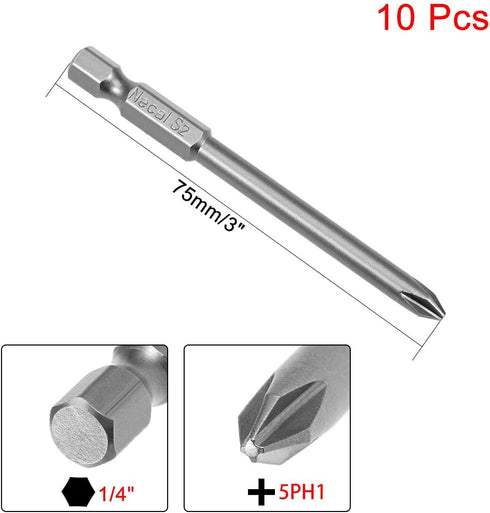 uxcell 10 Pcs 5mm PH1 Magnetic Phillips Screwdriver Bits, 1/4 Inch Hex Shank, 3-inch Length S2 Power Tool