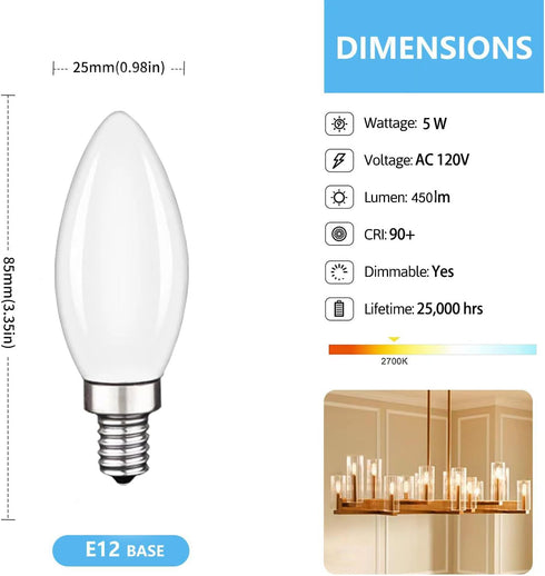 FUTIME 6Pack B11 E12 Bulbs, 5W 40 Bulbs,Warm 2700K Dimmable Bulb 450LM Bulb LED Candelabra Equal watt Edison Light