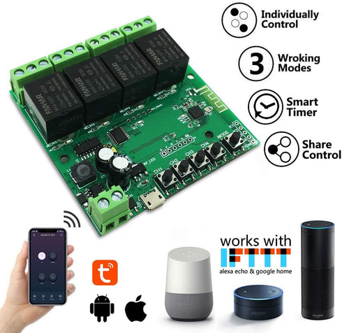 4-Channel WiFi Smart Switch Relay Module, TUYA/Smart Life App for Remote Control, Compatible with Alexa/Google Assistant