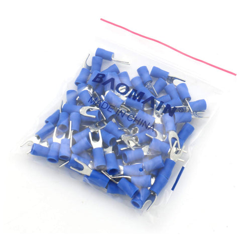 Baomain Insulated Fork Spade Wire Connector, Electrical Crimp Terminal 14-16AWG, USA #8 Blue, 100PCS