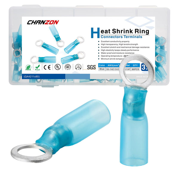 Chanzon 80pcs 1/4" Heat Shrink Ring M6 Terminal, UL Listed 16-14AWG Gauge Eyelet Wire Connectors, Waterproof