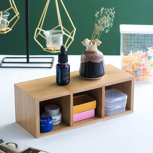 Bamboo Wood Pens and Pencils Holder Cup, Multiuse Desktop Storage with 3 Compartments for Office