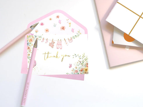 OIPKKUI 50 Pack Set Pink Baby Shower Thank You Cards Shower Pink Gold Foil Greeting Card with Envelopes And Stickers