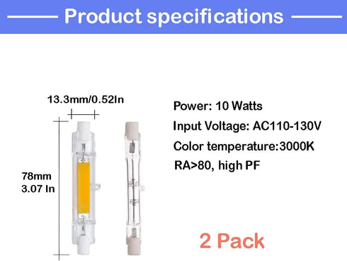 78 mm/3.1 R7S Bulb (2 Pack) 110V 10W 3000K T3 Bulb 100W Bulb in LED Warm White J Type Halogen Replacement Halogen