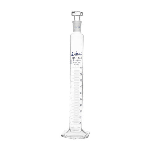 EISCO Graduated Cylinder, 100mL - Class Tolerance ±0.50mL - 19/26 Polypropylene Stopper - Hexagonal Base, Blue Graduations - Borosilicate Glass