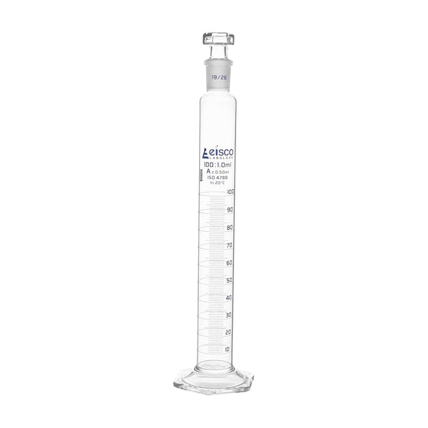 EISCO Graduated Cylinder, 100mL - Class Tolerance ±0.50mL - 19/26 Polypropylene Stopper - Hexagonal Base, Blue Graduations - Borosilicate Glass