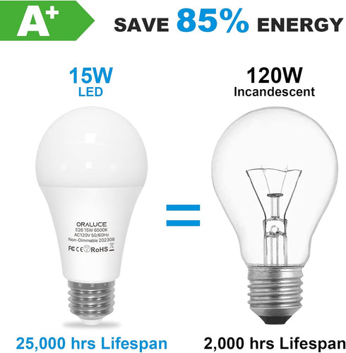 ORALUCE LED Light Bulbs, 100 Watt - 120 Watt Equivalent, 15W 1600 Lumens, 6500K Cool White, E26 Medium Base, 6 Pack